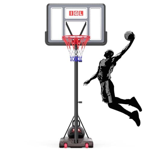 IGL Portable Basketball Hoop Outdoor, 5.6-10ft Height Adjustable Basketball Hoops Outdoor, 44 Inch Shatterproof Backboard Basketball Goal System for Backyard, Driveway
