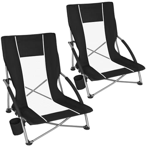 Romswi Low Beach Chairs for Adults 2 Pack, Lightweight Folding Sand Chairs with Breathable Mesh Back & Cup Holder, Portable Compact Camping Chairs, 400lbs Capacity,Black