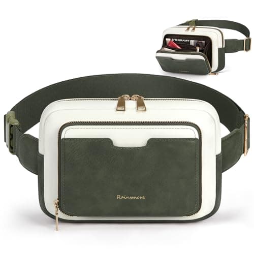RAINSMORE Fanny Packs for Women, Leather Belt Bag Waterproof Everywhere Crossbody Waist Pack with Adjustable Strap Retro Sling Chest Bag for Work Running Travel Party, Dark Green with White