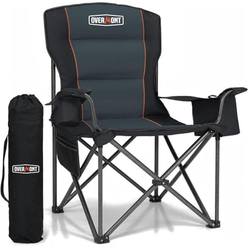 Overmont Oversized Camping Chair for Adults, Heavy Duty Folding Camp Chair Supports 500 LBS, Fully Padded High Back with Cooler Bag, Cup Holder, Side Pockets & Carry Bag, 1 Pack, Black