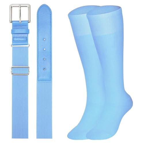 XZQTIVE Baseball Softball Socks and Baseball Softball Belt Combo Set Knee-High Soccer Socks for Kids Youth Adult,Baby Blue