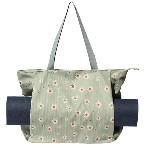 ESVAN Yoga Mat Bag Yoga Tote Carrier Shoulder Bag Carryall Tote for Office,Yoga,Pilates,Travel,Beach and Gym (Corduroy Matcha Daisy)