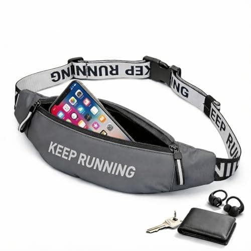 Slim Running Waist Pack for Women Men, Large Capacity Waist Belt with Organized Compartments, No-Bounce Secure Fit for Cycling, Hiking, Climbing Adventure & Reflective Safety Night Running-Gery