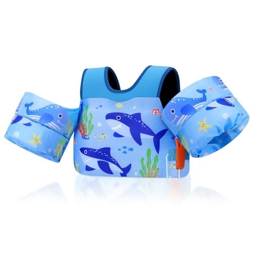 MoKo Toddler Swim Vest - Cute Toddler Floaties with Emergency Whistle for Boys and Girls 13-20-30 lbs Water Wings Arm Band Floaties Swim Training Equipment for Beach Swimming Pool Sea, Blue Shark