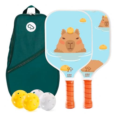 Goat Cute Pickleball Paddles Set of 2, Includes 4 Indoor & Outdoor Balls and Carry Bag, Lightweight Durable Fiberglass Pickleball Rackets Set for Men, Women & Beginners, Pickleball Gifts (Capybara)