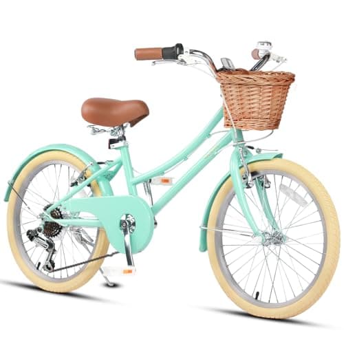 Glerc 20 Inch Beach Cruiser Bike, 6-Speed Hybrid City Bicycle for Girls Youth and Over 6 Years Old, Missy Bike with Wicker Basket & Lightweight, Mint