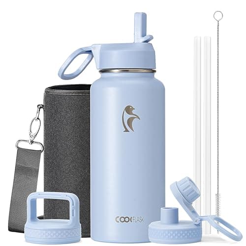 Water Bottle 32 oz Insulated with Straw, Coolflask Stainless Steel Metal 3 Lids Water Flask Wide Mouth for Sports or Office, Non-BPA Keep Cold Up to 48 Hrs or Hot Up to 24 Hrs, Light Blue