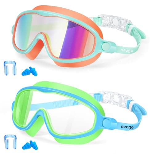 Kids Goggles for Swimming 2 Pack No Leaking Anti-Fog Outer Eye Fit with Wide View UV Protection Crystal Clear Watertight Swim Goggles with nose cover Suitable for Children Youth Boys Girls Age 3 to 14