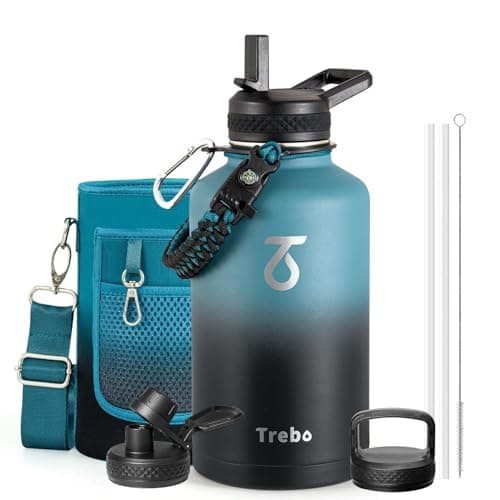 Trebo Water Bottle 64oz with Paracord Handle, Half Gallon Large Vacuum Triple Wall Stainless Steel Insulated Water Jug with Strap Straw Spout Lids for Hiking, Leakproof Keep Cold & Hot, Indigo/Black