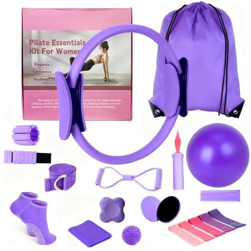 Pilates Equipment Set for Home Workouts –15in1 Home Pilates Kit with Ring and Ball Set, Resistance Bands, Pilates Yoga Accessories, Core Sliders & Ankle Weights, Pilates Essentials Kit (Purple)