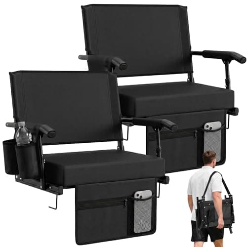 Sekey Stadium Seats with Back Support, Extra Wide & Thick Cushion, 2 Pack Bleacher Chairs with Cup Holders & Storage Pockets, Plus-Size Friendly for Outdoor Sport Events (Support Up to 450lbs),Black