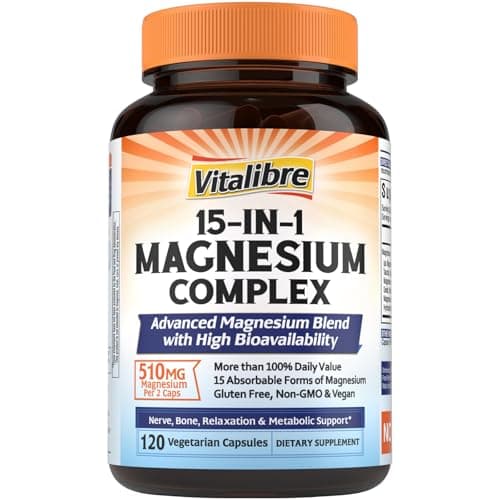 Vitalibre 15 in 1 Magnesium Complex Supplement 510mg | Maximum Absorption Glycinate, Malate, Taurate, Citrate and More for Bones, Heart, Recovery, Energy | Non-GMO, 120 Capsules