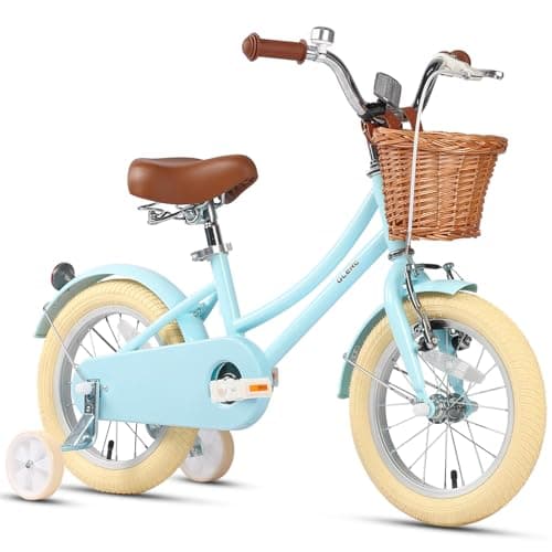 Glerc Little Molly 14 Inch Kids Bike, Retro Cruiser Girls Bike for Children Ages 3-5 Years Old, Kids Bicycle with Wicker Basket & Training Wheels, Blue