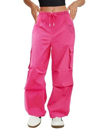 COPYLEAF Cargo Pants Women Low Waisted Parachute Pants with Pockets Loose Baggy Hiking Pants Y2K Clothes Hot Pink