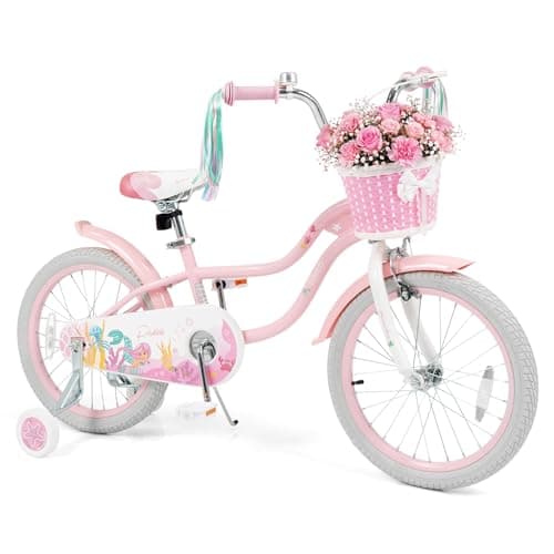 Olakids Kids Bike, 12 14 16 18 20 Inch Mermaid Theme Girls Bicycle with Training Wheels Basket Adjustable Seat and Handlebar Dual Brake (18 Inch, Pink)