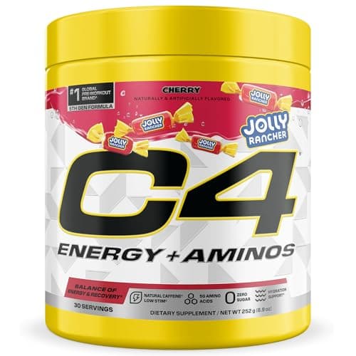 C4 Energy + Aminos Powder Jolly Rancher Cherry, 5g BCAAs & EAAs for Muscle Recovery, 3 Electrolytes for Hydration, 100mg Natural Caffeine, Pre Workout, Zero Sugar, 30 Servings