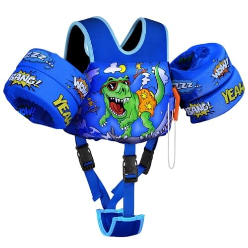 MoKo Toddler Swim Vest for Kids, Swim Arm Floaties 13-30 lbs Cartoon Swimming Water Wings with Crotch Strap, Pool Float Vests Sleeves Shoulder Straps Arm Band for Children, Blue & Surfing Dinosaur