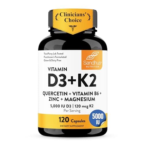 Sandhu's Vitamin D3 K2 Magnesium 5000 IU, 120mcg K2 Capsules 120 Count (Pack of 1) | with VIT B6, Zinc & Quercetin | D3K2 Supports Superior Absorption, Energy, Immune, Muscle Health for Men & Women
