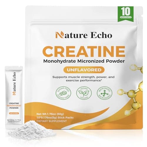 Nature Echo Creatine Monohydrate Micronized Powder - 10 Single-Serve Travel Packs 5g - Clean, Unflavored Creatine for Men & Women to Muscle Growth, Vegan, Gluten-Free, no Sugar
