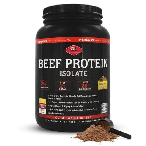 Olympian Labs Beef Protein Isolate Powder, 24g Protein, BST Free, 2 Grams BCAA's, Muscle Building Amino Acids, 1 Pound, Flavored with Real Chocolate