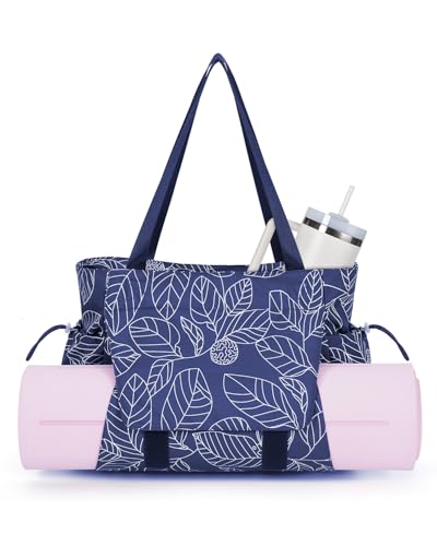 sportsnew Yoga Mat Bag Tote Yoga Gym Bag For Women Men with Waterproof Wet Pocket, Navy Blue Leaves