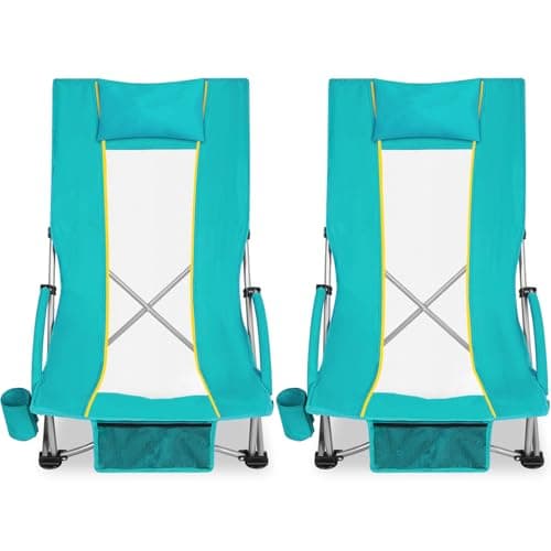 Romswi Compact High Back Beach Chair, Lightweight Low Seat Travel Chair, Beach Chair Fits in Suitcase, 400lbs Heavy Duty Folding Camping Chair with Cup Holder & Pocket, Green