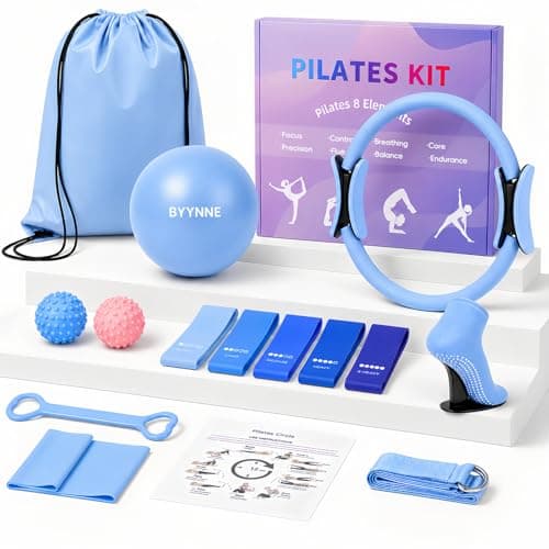 BYYNNE Home Pilates Kit for Women - 14 Pcs Pilates Equipment Set with Pilates Ring and Ball, 5 Resistance Bands Etc Accessories for Beginners Home Workouts - Includes Workout Guide (Blue)