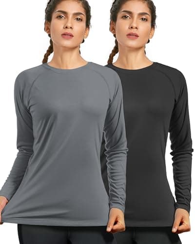 isnowood Womens Long Sleeve Rash Guard, 2 Pack UV UPF 50+ Sun Protection Shirts, Quick Dry Tops for Swimming Workout Hiking Running