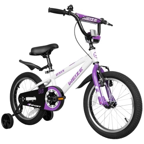 WEIZE Kids Bikes,16 Inch Boy's Bike for Kids,BMX Style Bicycle for Boys Girls Ages 4-12 Years Old,Kids Bicycle with Adjustable Seat,Training Wheels,Front and Rear Fender,White