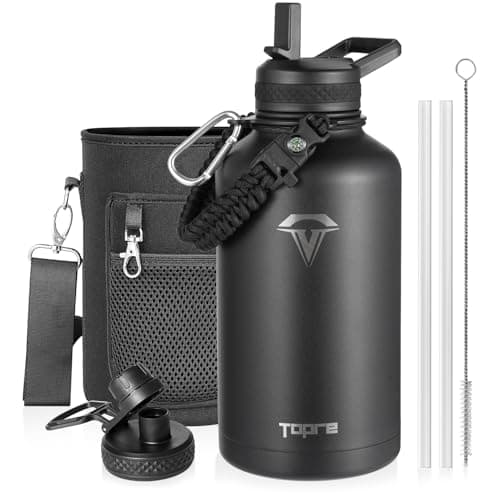 Topre 64oz Insulated Water Bottle,Half Gallon Water Flask Stainless Steel Vacuum, Cold for 48 Hrs,BPA-Free & Leakproof -with Paracord Handle,Strap,Straw Spout Lids,Large Jug for Gym Sports,Black