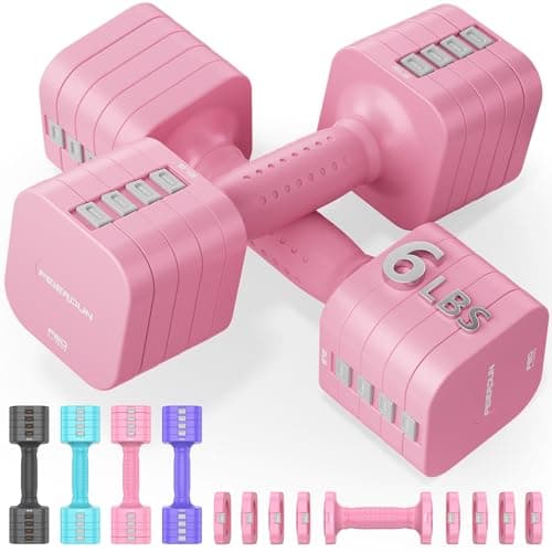 FEIERDUN 5-in-1 Adjustable Dumbbell Set of 2, 12LBS/6LBS Hand Weights for Women, 1s-Adjust Dual-Stable Dumbbell Set for Women Home Gym & Outdoor, Pink