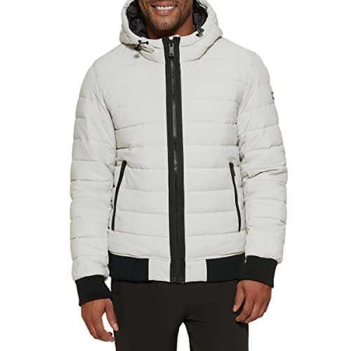 DKNY Men's Quilted Performance Hooded Bomber Jacket, Ice Matte Stretch, X-Large