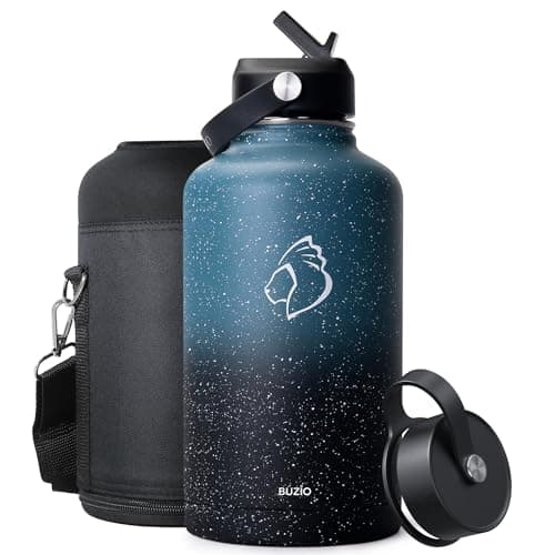 BUZIO 64oz Insulated Water Bottle with Straw Lid, Half Gallon Double Wall Food-Grade Stainless Steel Water Bottle with Carrying Pouch, Wide Mouth BPA-Free Sweat-Proof Sports Water Flask, Keep Hot Cold