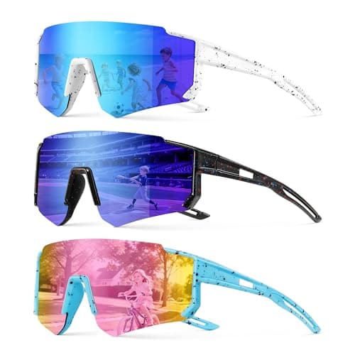 Bziia 3PACK Kids Sunglasses Youth Baseball Sunglasses for Boys Girls Age 4-12,Softball Sports Cycling Goggles UV Protection,A01-deep blue+blue+pink