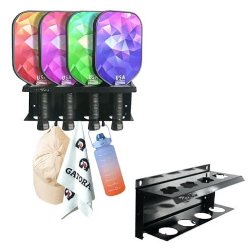 Pic-Ten Pickleball Paddle Rack Holds 4 Paddles with Hooks Pickleball Storage Rack Pickleball Paddle Holders To Fence Wall Hanging Storage Outdoor No Installation,Black