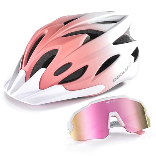 Odoland Bike Helmet with Cycling Sunglasses, Adjustable Size Adult Cycling Helmets for Men Women Road Bike Mountain Ebike, Pink & White Gradient