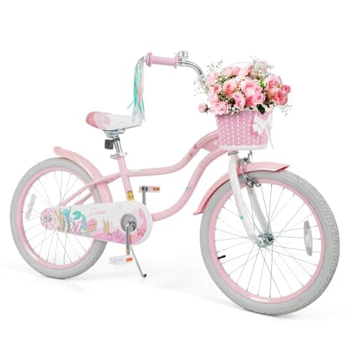 Olakids Kids Bike, 12 14 16 18 20 Inch Mermaid Theme Girls Bicycle with Basket Adjustable Seat and Handlebar Dual Brake (20 Inch, Pink)