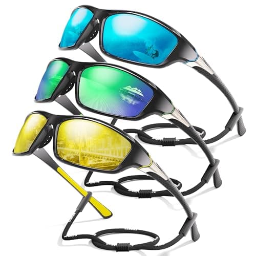 Foliful Polarized Sports Sunglasses for Men, Mens Sunglasses Wrap Around UV400 Protection for Cycling Fishing Driving, Ice Blue/Green/Yellow