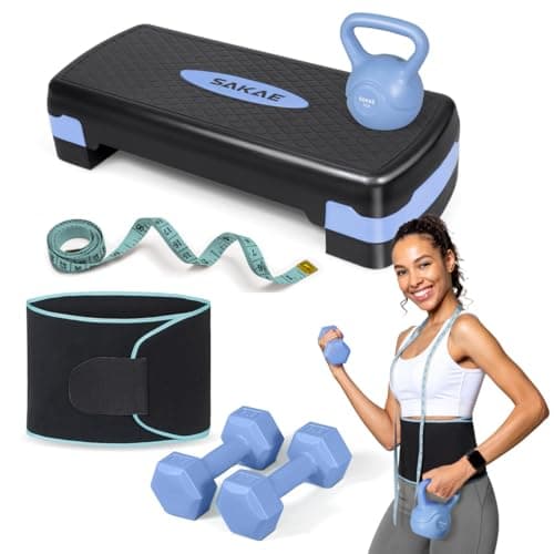 Adjustable Exercise Stepper Kit with Dumbbells & Kettlebell & Weightlifting Belt & Measuring Tape, 2 Level Risers Aerobics Step Platform for Home Gym Exercise Fitness Workout, Blue Black
