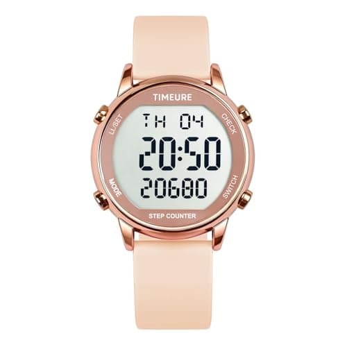 TIMEURE Pedometer Watch for Women, Step Counter for Walking No App/Phone Required Step Counter, Waterproof Fitness Calorie Tracker, Distance Tracking, Alarm, Large Digital Display, TU-2509 (Pink)
