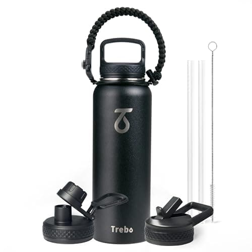 Trebo 40oz Water Bottle Insulated with Lid and Straw,Triple Wall Vacuum Stainless Steel Metal Tumbler Sports Flask with Paracord Handle, Keep Hot 24 Hours & Cold 48 Hours Water Jug with 3 Lids, Black