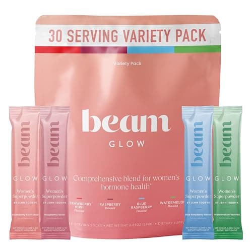 Beam Glow Hormone Support & Cortisol Supplement for Women - Daily Vitamins for Women with Ashwagandha, Selenium, Zinc, Vitamin A, Biotin for Cycle Health, Mood & Energy, Variety Pack, 30 Servings