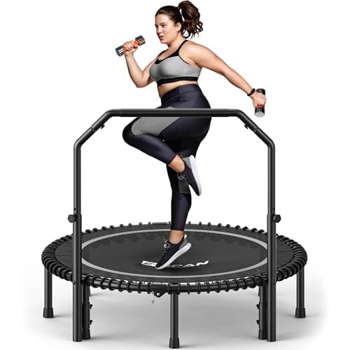 BCAN BT2 450/550LBS Mini Rebounder Trampoline for Adults with Bar, Fitness Trampoline with Bungees, Adjustable Handle, Stable & Quiet, Indoor Outdoor, Whole-Body Workout & Relaxation at Home-48IN-SLV