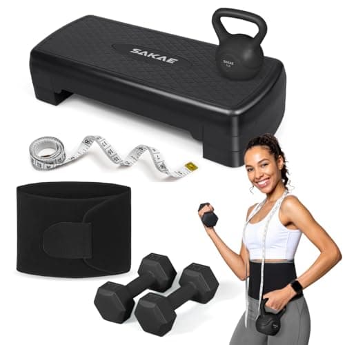 Adjustable Exercise Stepper Kit with Dumbbells & Kettlebell & Weightlifting Belt & Measuring Tape, 2 Level Risers Aerobics Step Platform for Home Gym Exercise Fitness Workout, Black