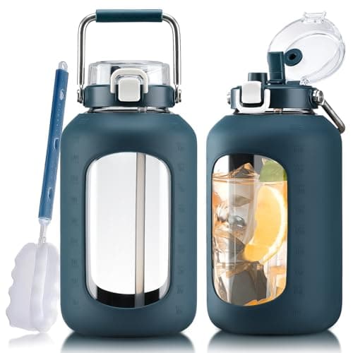 WINSA Large Glass Water Bottles with Stainless Steel Handle,100 oz Gallon Drinking Bottle with 2-in-1 Straw Lid,3 Liter Glass Water Jug with Silicone Sleeve,Wide Mouth,Dark Blue
