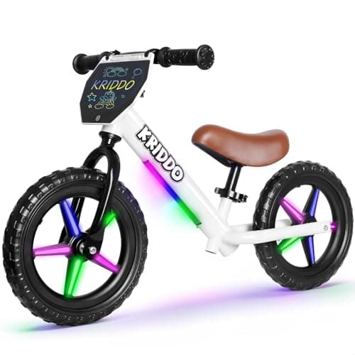 KRIDDO Toddler Balance Bike 2 Years Old, 12-Inch Colorful Lighting-Up Push Bicycle with LCD Writing Tablet, Steady Balancing, Gift Bike for 2-5 Boys Girls, LED-White