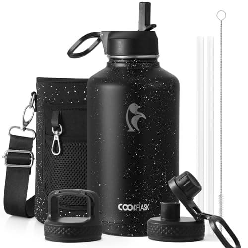 Coolflask 64 oz Insulated Water Bottle with Straw&3 Lids, Half Gallon Insulated Water Jug Galaxy Large Metal Stainless Steel Flask for Gym, Sports and Office, Keep Cold 48H Hot 24H, Starry Night