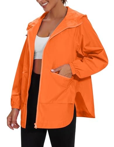 Women's Raincoats Lightweight Waterproof Windproof Adjustable Windbreaker Rain Jackets Hooded with Pockets S-XXXL, Flame, Medium