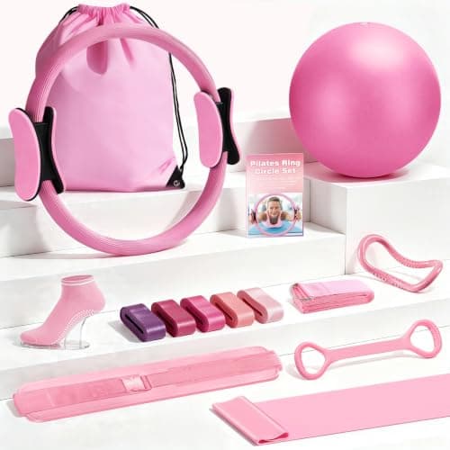 Dilobio Pilates Ring Set for Home Workout -13'' Pilates Fitness Circle & Ball, Hip Thrust Belt, Resistance Bands, Grip Socks, Bag, Pilates Equipment Kit for Woman, Suitable for Full Body