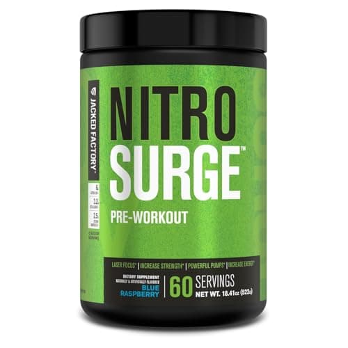 Jacked Factory NITROSURGE Pre Workout Supplement - Energy Booster, Instant Strength Gains, Clear Focus, & Intense Pumps - NO Booster & Powerful Preworkout Energy Powder - 60 Servings, Blue Raspberry